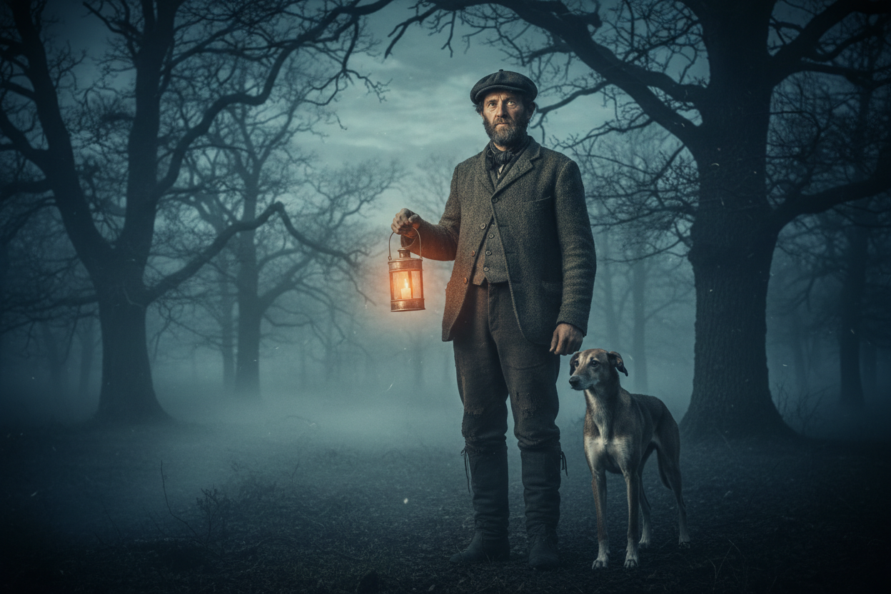 English Poacher with Lurcher Dog in 1800s Woodland
